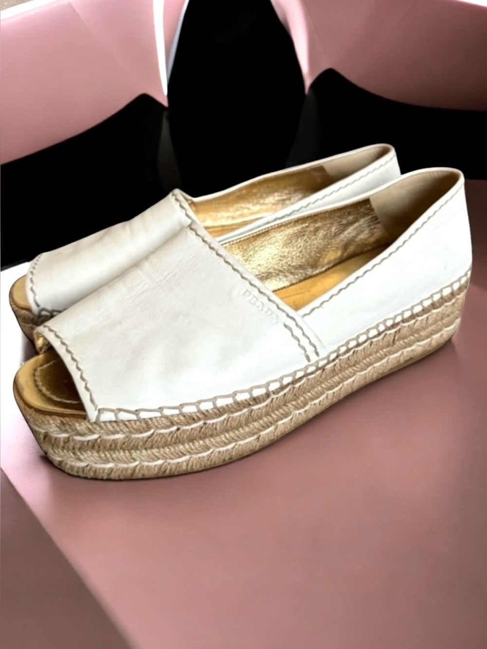PRADA Platform Open Toe Espadrille White Nappa Leather